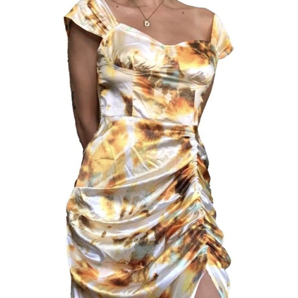 NWT Cider Dress Bustier Satin Ruched Yellow Tie Die Midi Dress Womens Size XL - Picture 3 of 11